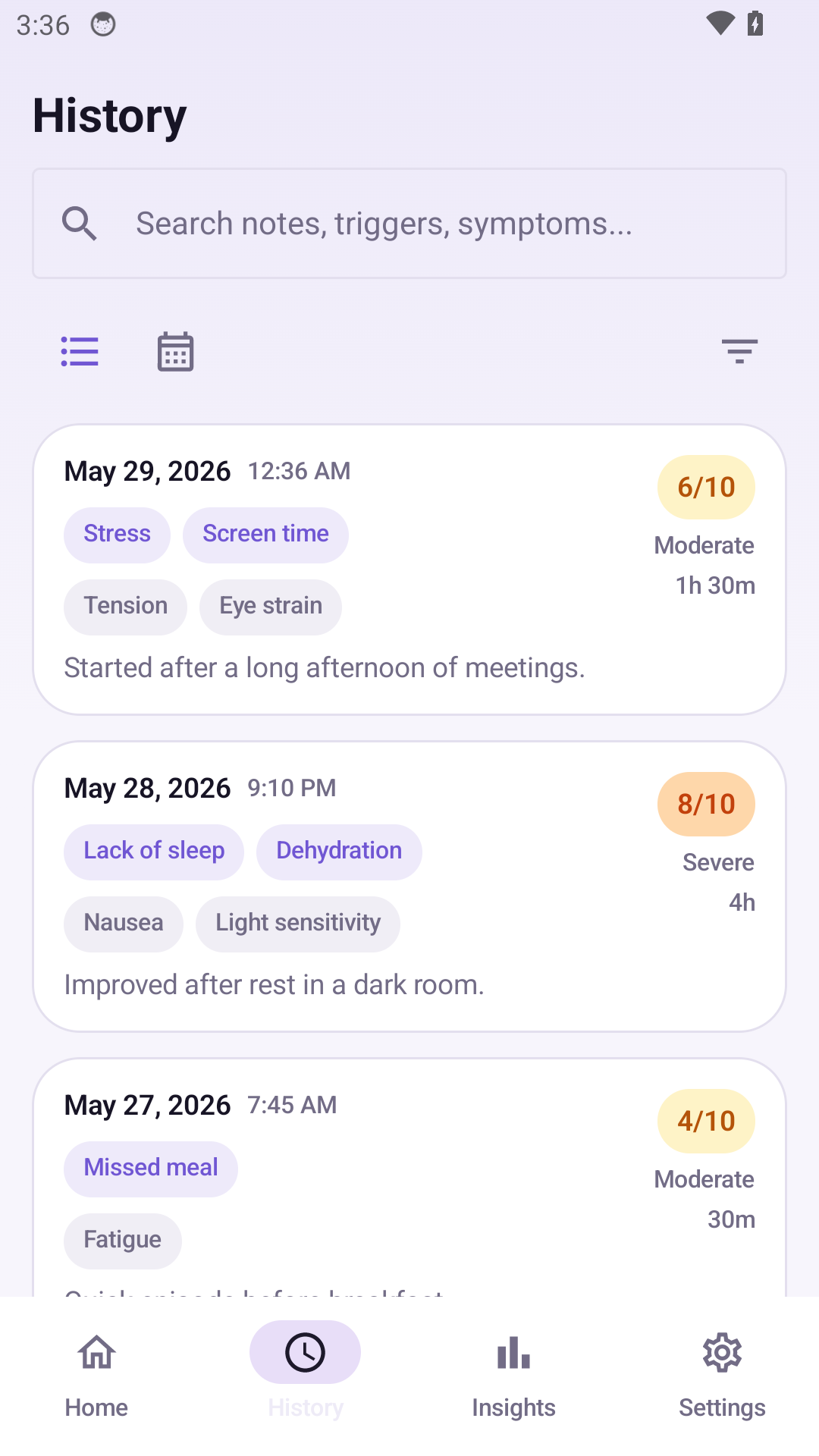 History screen